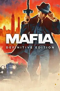 Cover of Mafia: Definitive Edition, featuring Tommy Angelo, a car and a glimpse of Lost Heaven, Illinois