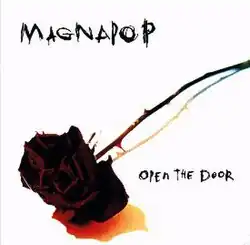 A photograph of a black rose on a stark white background with "MAGNAPOP" written at the top left and "OPEN THE DOOR" written in the bottom right in a scratchy black font.