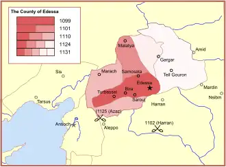 A map showing five phases of the expansion of the county, especially to the north and east
