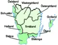 Götaland with the Swedish acquisitions of 1645 and 1658 in darker green: Gotland, Blekinge, Halland and Scania from Denmark, and Bohuslän from Norway (then under Danish rule)