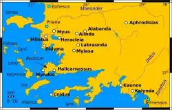 Map of ancient Caria showing cities