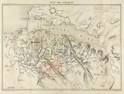 Map of the French (blue) and British (red) lines during the siege. The defenders' positions are in green.