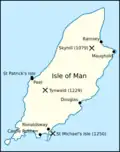 Map of Mann, showing the location of St. Michael's Isle and Castle Rushen.