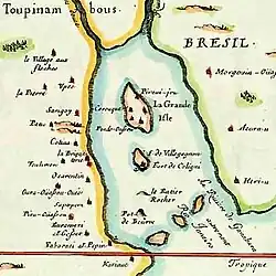 16th-century French accounts–based map of Guanabara Bay (colored)