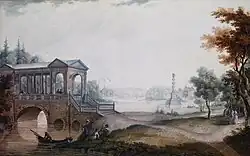 Marble Bridge in Tsarskoye Selo (1774). The Chesme Column is seen in the distance