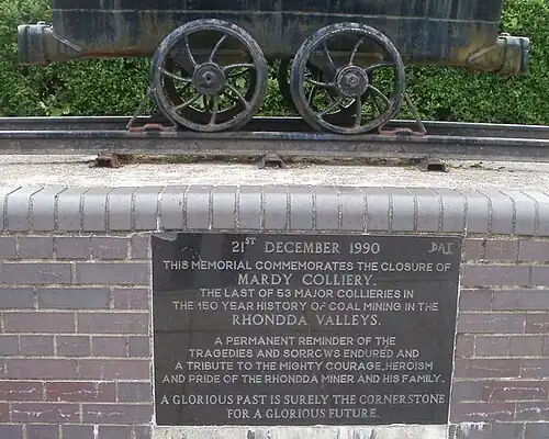 Memorial commemorating the closure of Maerdy Colliery, marking the end of coal mining in the Rhondda Valley