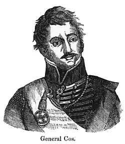 Black-and-white drawing of a man, shown from mid-chest up. He is wearing a military jacket with a high collar.