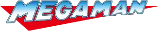The word "Mega Man" in bright blue gradient text with a thin light blue outline on top of a red triangle