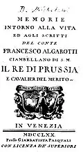 Domenico Michelessi, Memorie intorno alla vita e agli scritti del conte Francesco Algarotti, 1770