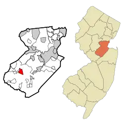 Map of Dayton CDP in Middlesex County. Inset: Location of Middlesex County in New Jersey.