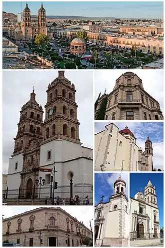 Left to right, top to bottom: Plaza de Armas, Cathedral Basilica of Durango, Quinta del Aguacate, Santa Ana y la Sagrada Familia Parish, City Hall, San Agustín Temple, and San Juan Bautista Parish