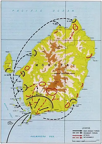 A topographic map of Morotai depicting the landings of US units in September, the Allied perimeter in the south-west of the island, concentrations of Japanese forces and routes used by the Japanese to withdraw from the Allied beachhead.
