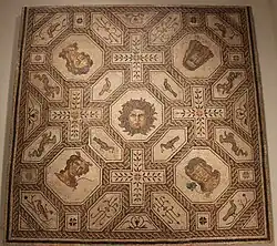 A mosaic showing Medusa and representational figures of the four seasons, from Palencia, Spain, made between 167 and 200 AD