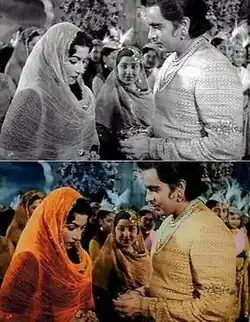 black-and-white film scene above a colourised version of the same scene