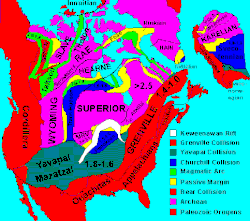 Geological map of North America showing the Midcontinent Rift in white, here labeled Keweenawan Rift. Lake Superior now occupies the apex of the rift; the section to its north marked "SUPERIOR" is the Superior Craton