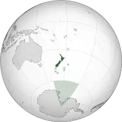 A map of the hemisphere centred on New Zealand, using an orthographic projection