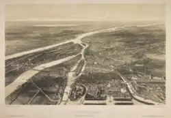 Aerial view of Nantes, its river from upstream to downstream, and its port activity in the 19th century.