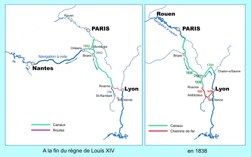 Comparative maps of freight transport to the capital at the end of Louis XIV's reign and in 1838