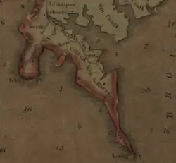 1858 map of Neavitt area. Properties of families such as the Neavitts and the community schoolhouse are visible
