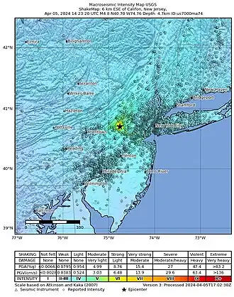 Shake map showing the epicenter of the earthquake