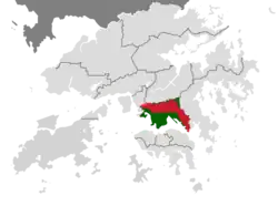 Approx. location of New Kowloon (in red), as defined in a 1937 legislation, compared to the Kowloon geographical constituencies of the Legislative Council (in green); note that the newer 13/31 runway of the former Kai Tak Airport reclaimed land (also coloured in green), now considered part of New Kowloon, e.g. in lot numbers, did not exist until the 1950s.