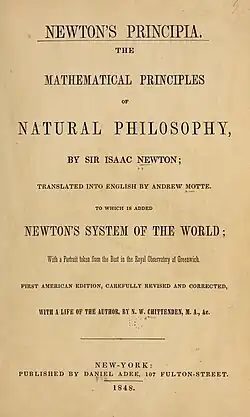 Title page to a 1848 copy of The Mathematical Principles of Natural Philosophy, translated into English by Andrew Motte