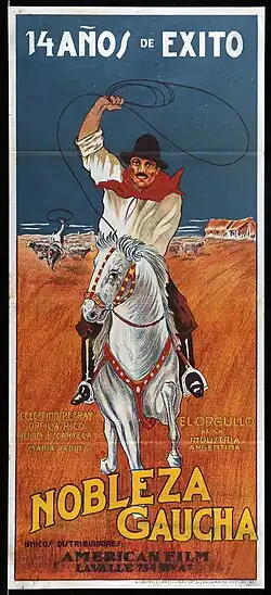 Poster for the 1915 film Nobleza Gaucha, an illustration of a gaucho riding a horse and swinging a lasso in the air