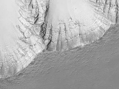 Layers in the wall of Noctis Labyrinthus taken with Mars Global Surveyor, under the MOC Public Targeting Program. Courtesy NASA/Malin Space Science Systems.