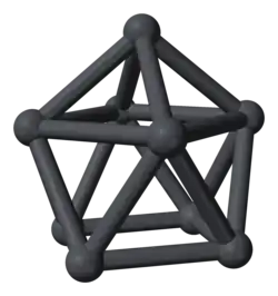 Nine dark gray spheres connected by cylinders of the same color forming a convex shape