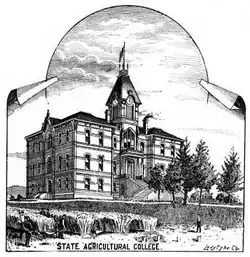 Monochrome etching of building from era shortly after completion