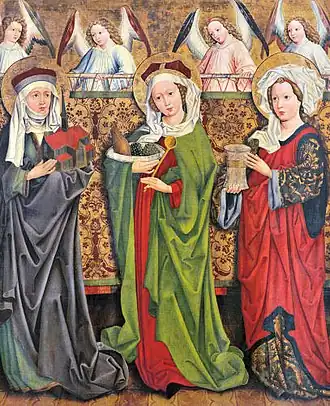 Legnica polyptych (reverse), depicting Saint Hedwig, Saint Elizabeth of Hungary and Saint Mary Magdalene