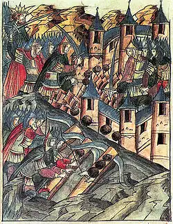 The Golden Horde raids Kozelsk, miniature from the Illustrated Chronicle of Ivan the Terrible