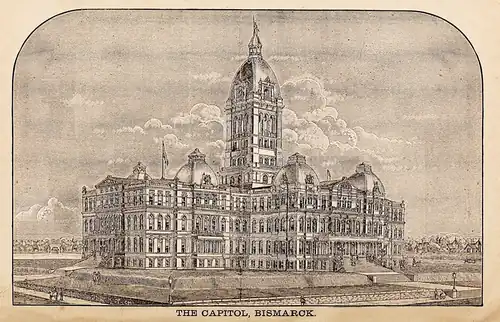 The North Dakota territorial (later state) capitol building as designed by Caulkins with John L. Telford [12] in 1883 during his time in Minneapolis. Destroyed by fire December 28, 1930