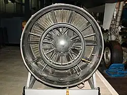 Olympus 593 view of partial reheat (20% thrust boost) showing lower fuelling requirement/temperature, needing only a single ring, compared to a military full reheat.