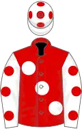 RED, large white spots, white sleeves, red spots, white cap, red spots