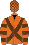 Orange, brown cross-belts, hooped sleeves, checked cap