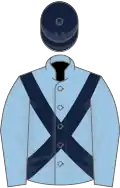Light blue, dark blue cross belts, dark blue cap