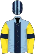 Light blue, dark blue stripe, yellow sleeves, dark blue armlets, light blue and dark blue striped cap