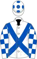 White, royal blue cross belts, check sleeves, white cap, royal blue spots