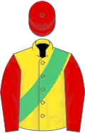 Yellow, emerald green sash, red sleeves and cap