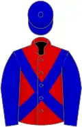Red, blue cross belts, blue sleeves, blue cap