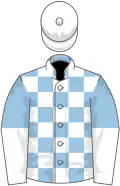Light blue and white checked, halved sleeves, white cap