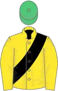 Yellow, black sash, emerald green cap