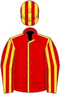 Red, yellow seams, striped sleeves and cap