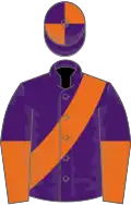 Purple, orange sash, halved sleeves, quartered cap