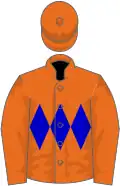 Orange, blue three diamonds, orange sleeves, orange cap