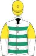 White, emerald green hoops, yellow and white halved sleeves, yellow cap