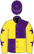 Purple and yellow (quartered), yellow sleeves, purple stars, purple cap