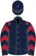 Dark blue, maroon epaulets, chevrons on sleeves