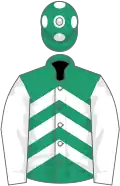 Emerald green and white chevrons, white sleeves, emerald green cap, white spots